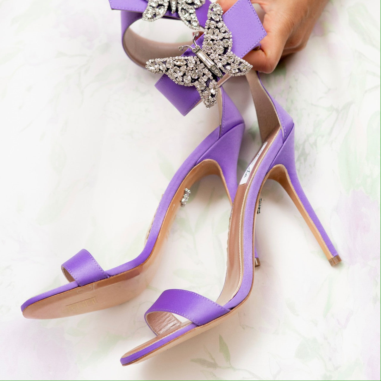 Portofino Butterfly High Heel Sandals Lilac Satin