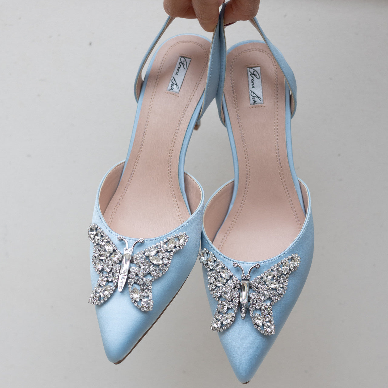 Love Butterfly Sling Back Heels Powder Blue Satin