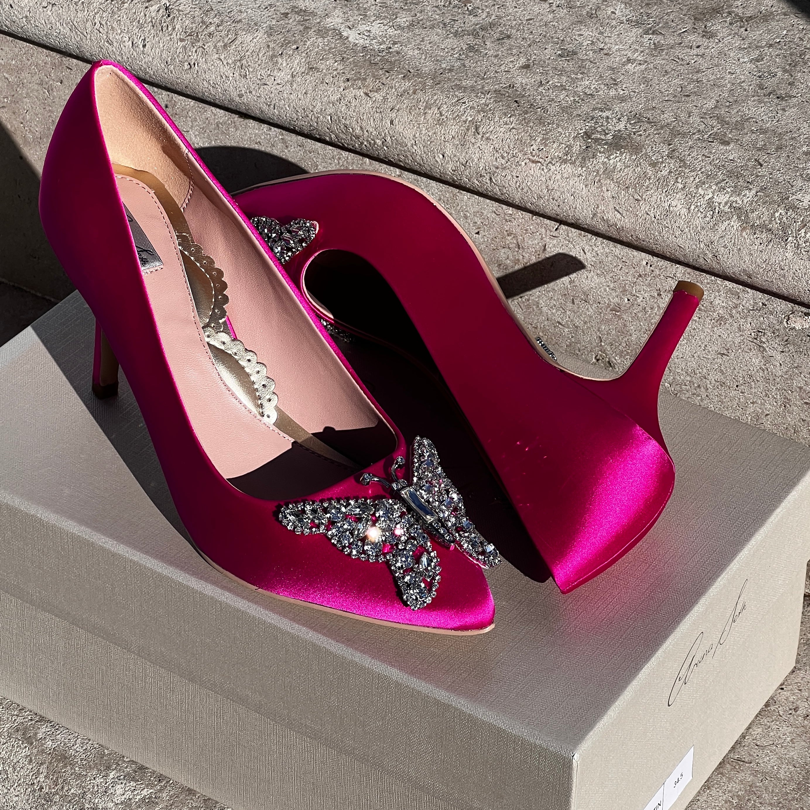 Emilia Butterfly Heels Neon Pink Satin