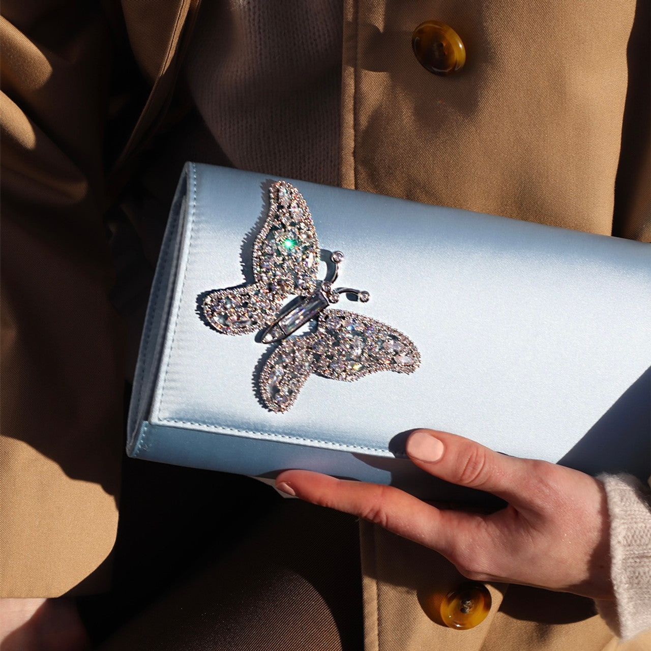 Powder Blue satin Butterfly Clutch Bag