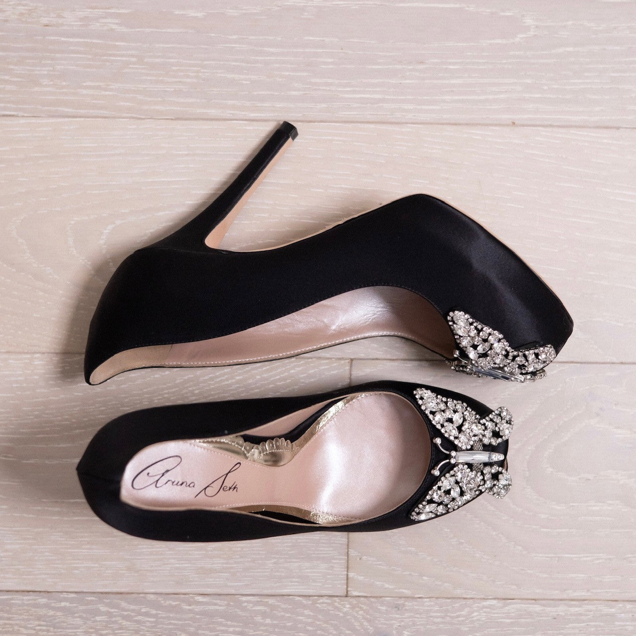 Evi Open Toe Butterfly Heel Black Satin