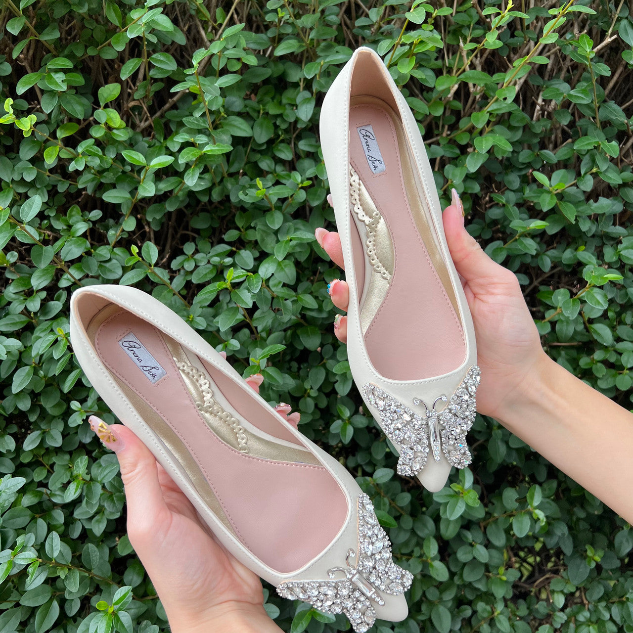 Eliana Butterfly Pointy Flats Vegan Ivory Leather