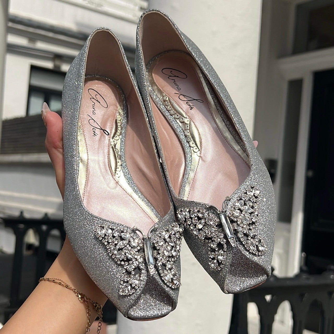 Liana Butterfly Open Toe Flats Silver Glitter