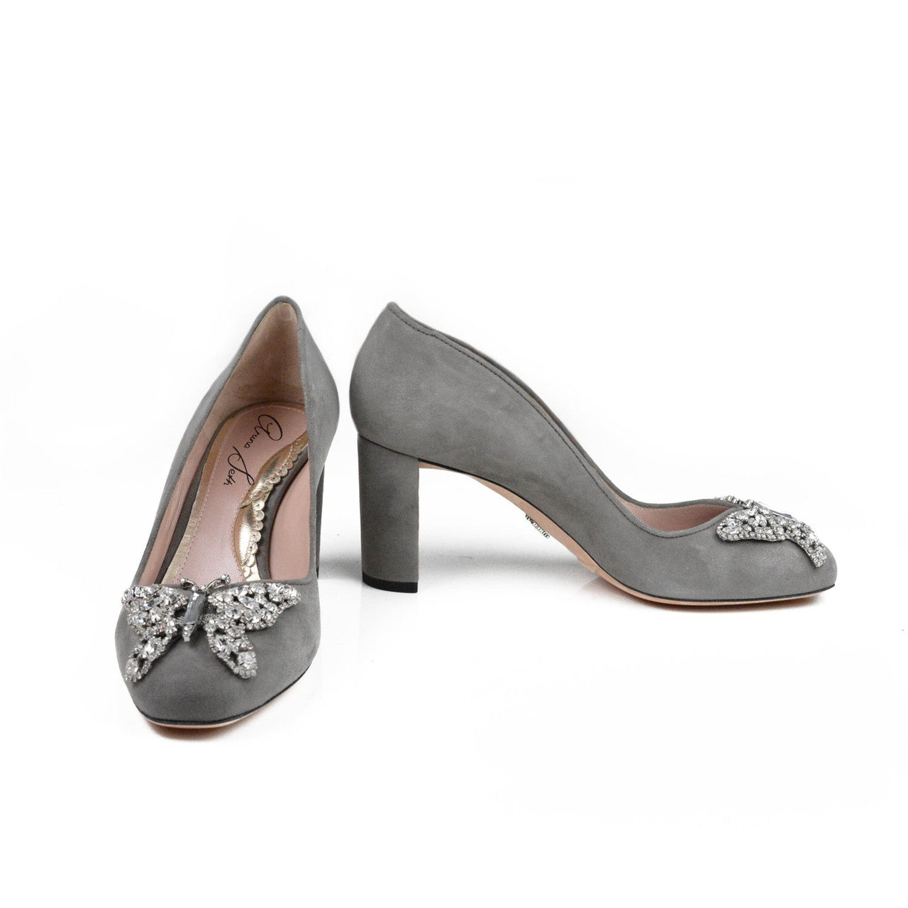 Annabel Butterfly Block Heels Grey Suede