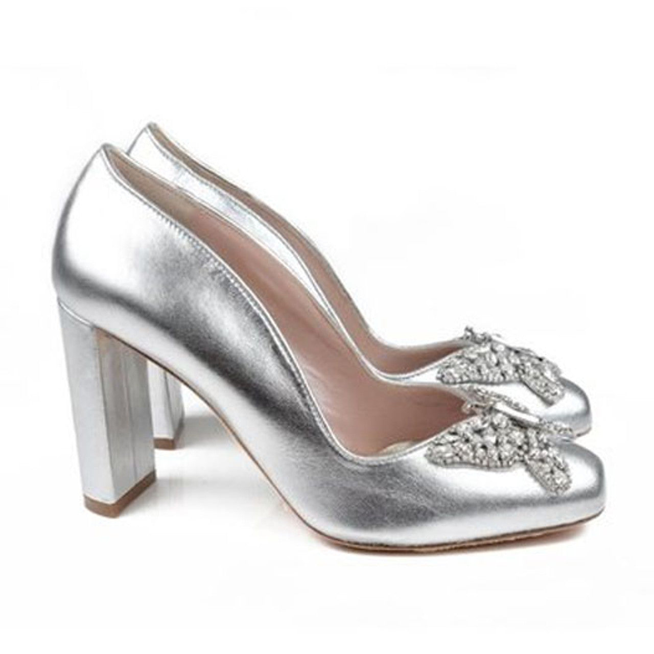 Annabel Butterfly Block Heels Silver Leather