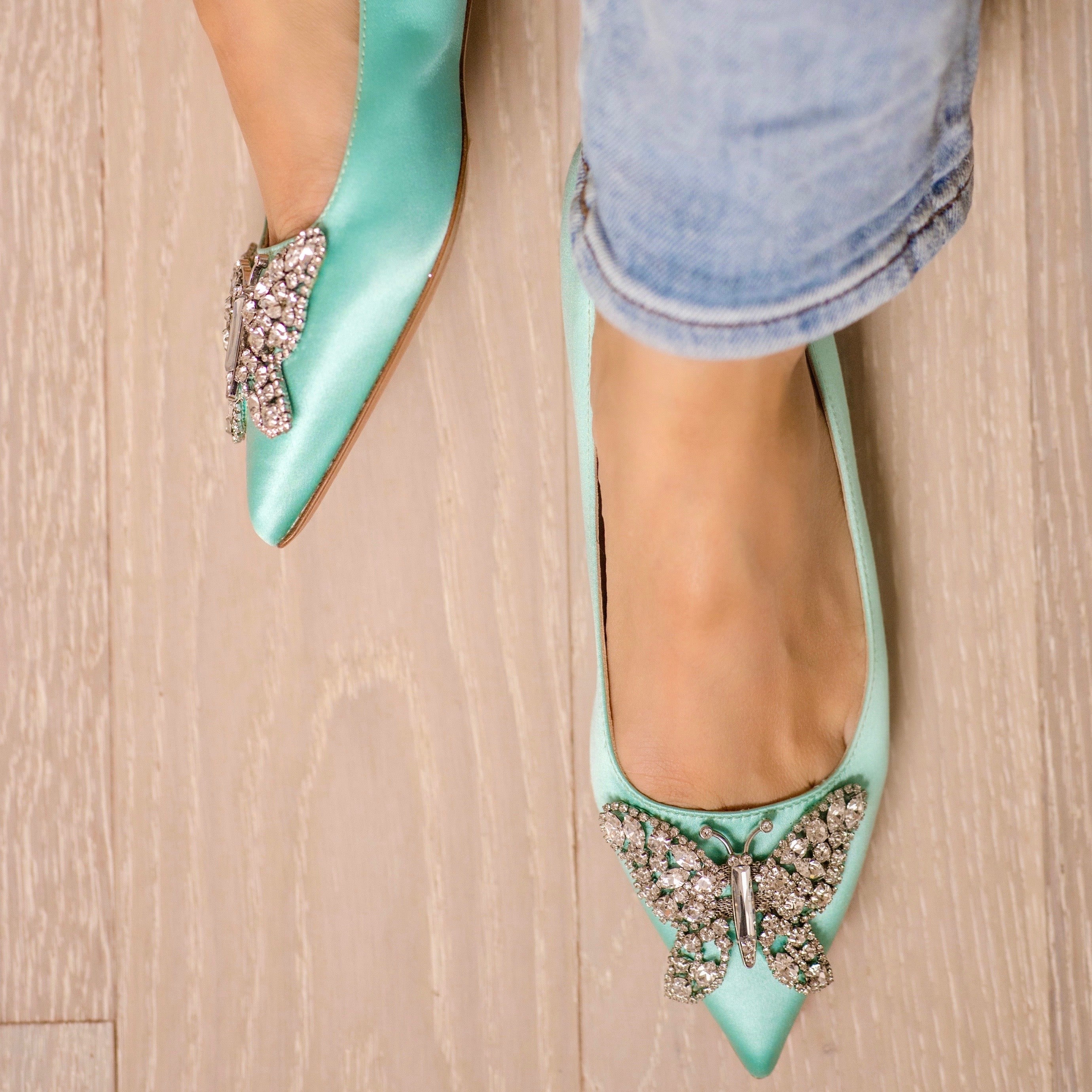 Eliana Ballerina Flat Pointy Tiffany Blue Satin