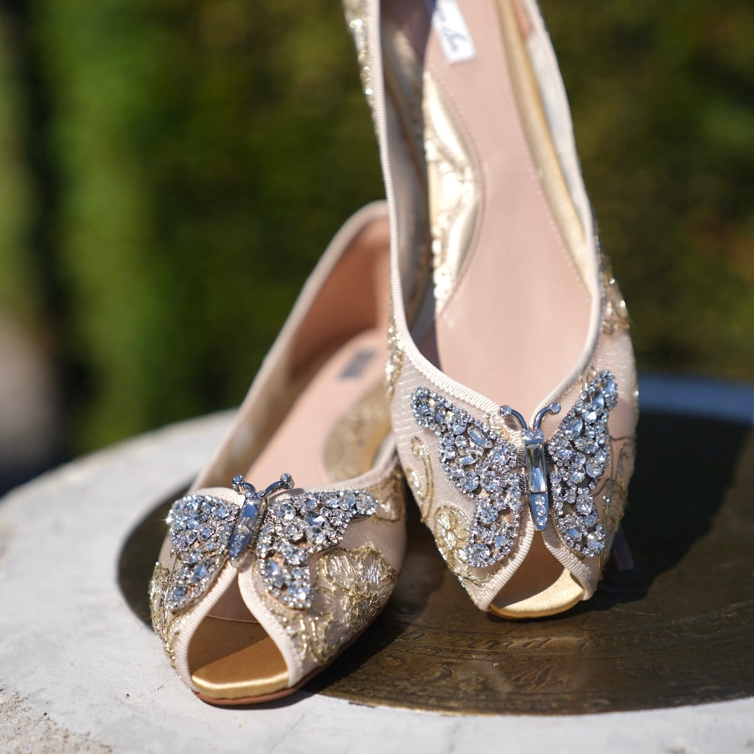 LIANA BUTTERFLY OPEN TOE FLATS GOLD LACE