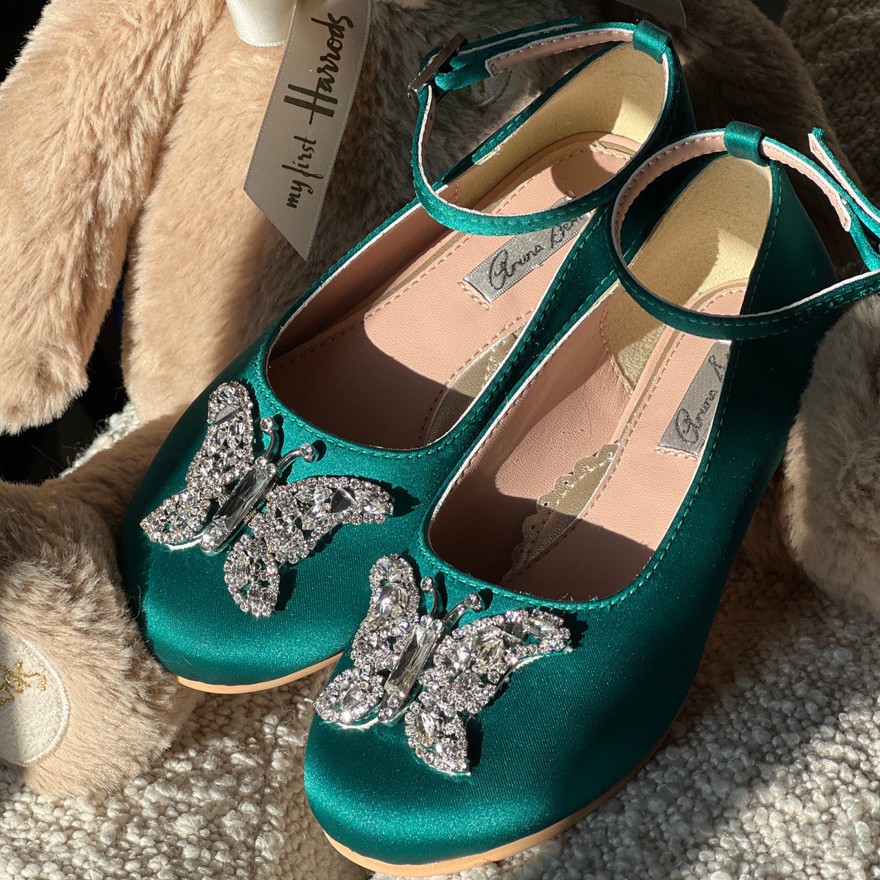 Angelina Butterfly Girls Shoes Emerald Green Satin