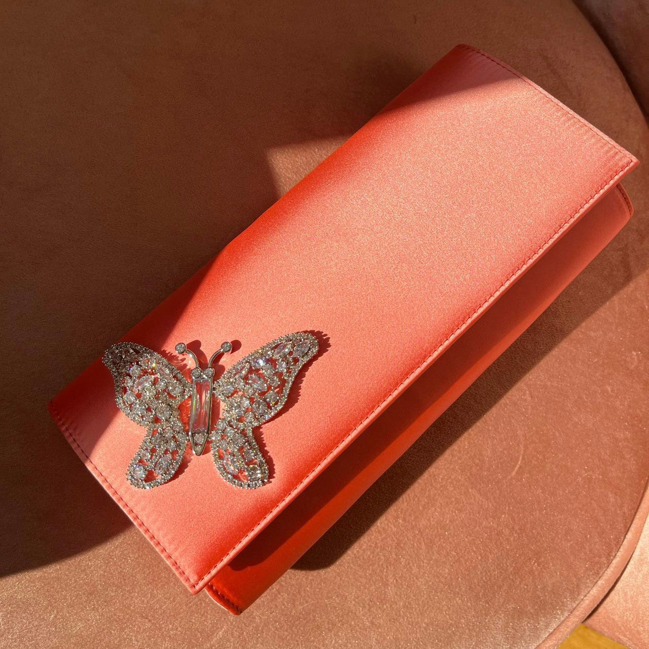 Coral Satin Butterfly Clutch Bag