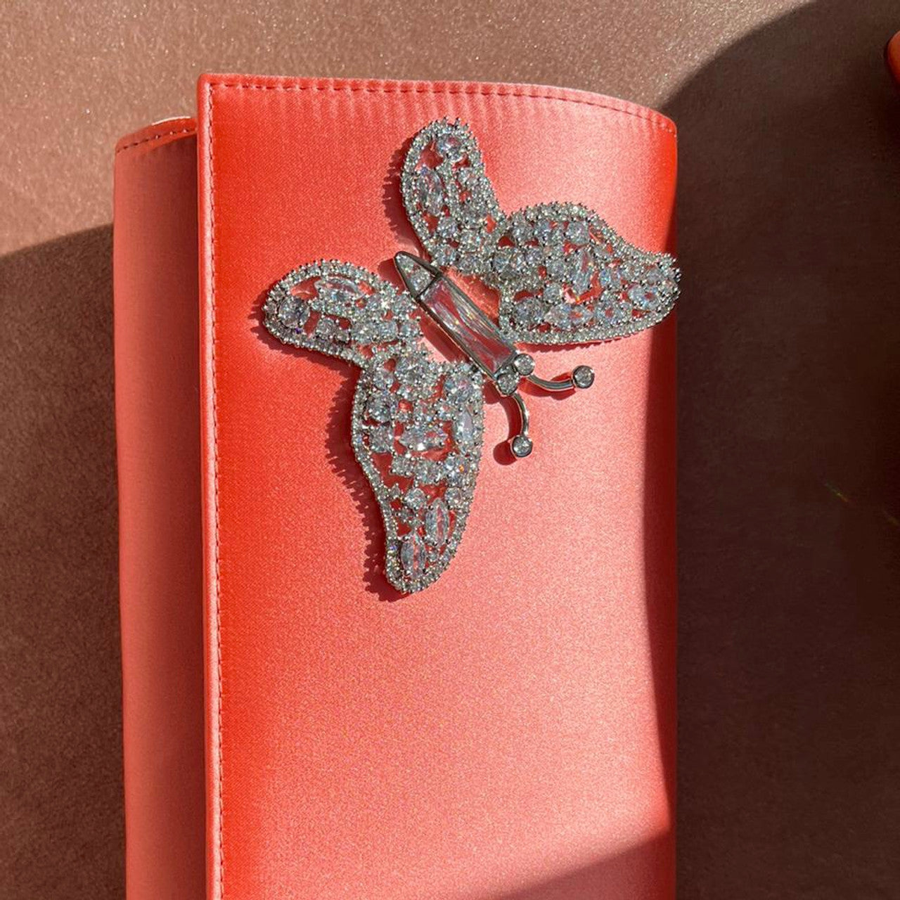 Coral Satin Butterfly Clutch Bag