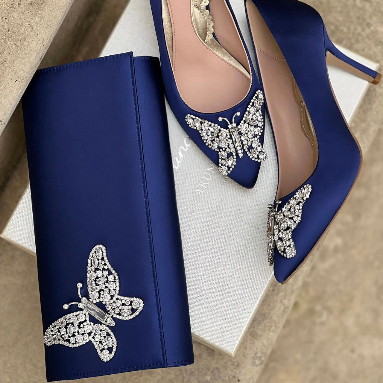 Navy Blue Satin Butterfly Clutch Bag