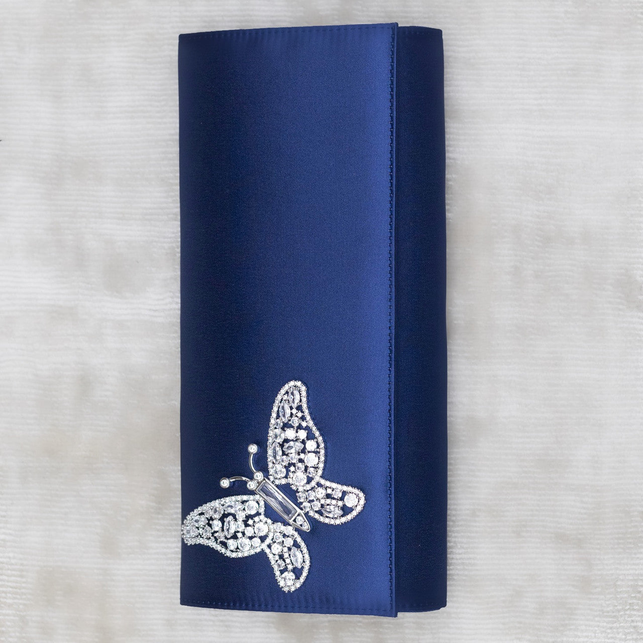 Navy Blue Satin Butterfly Clutch Bag