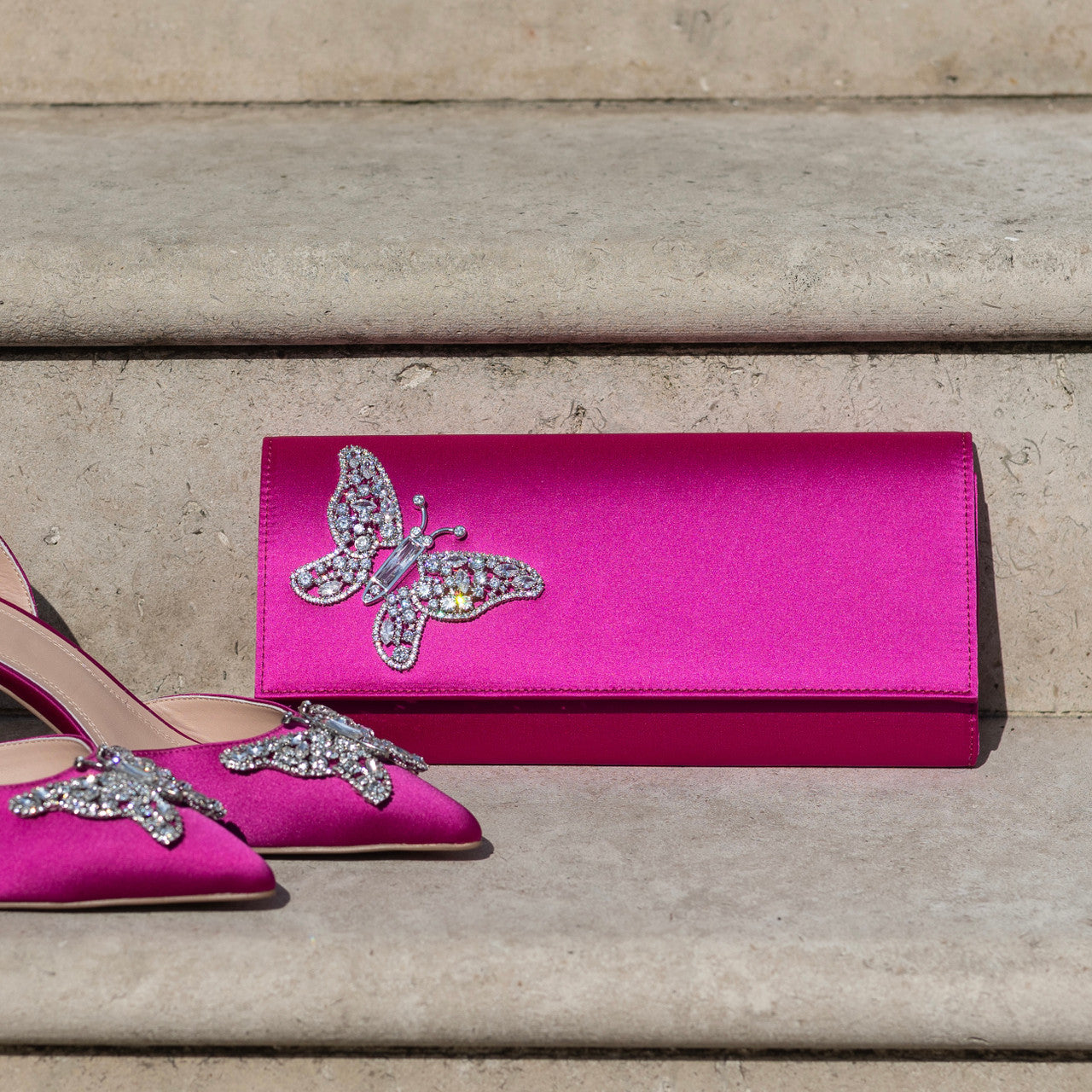 Neon Pink Satin Butterfly Clutch Bag