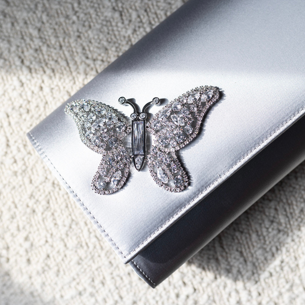 Silver Satin Butterfly Clutch Bag