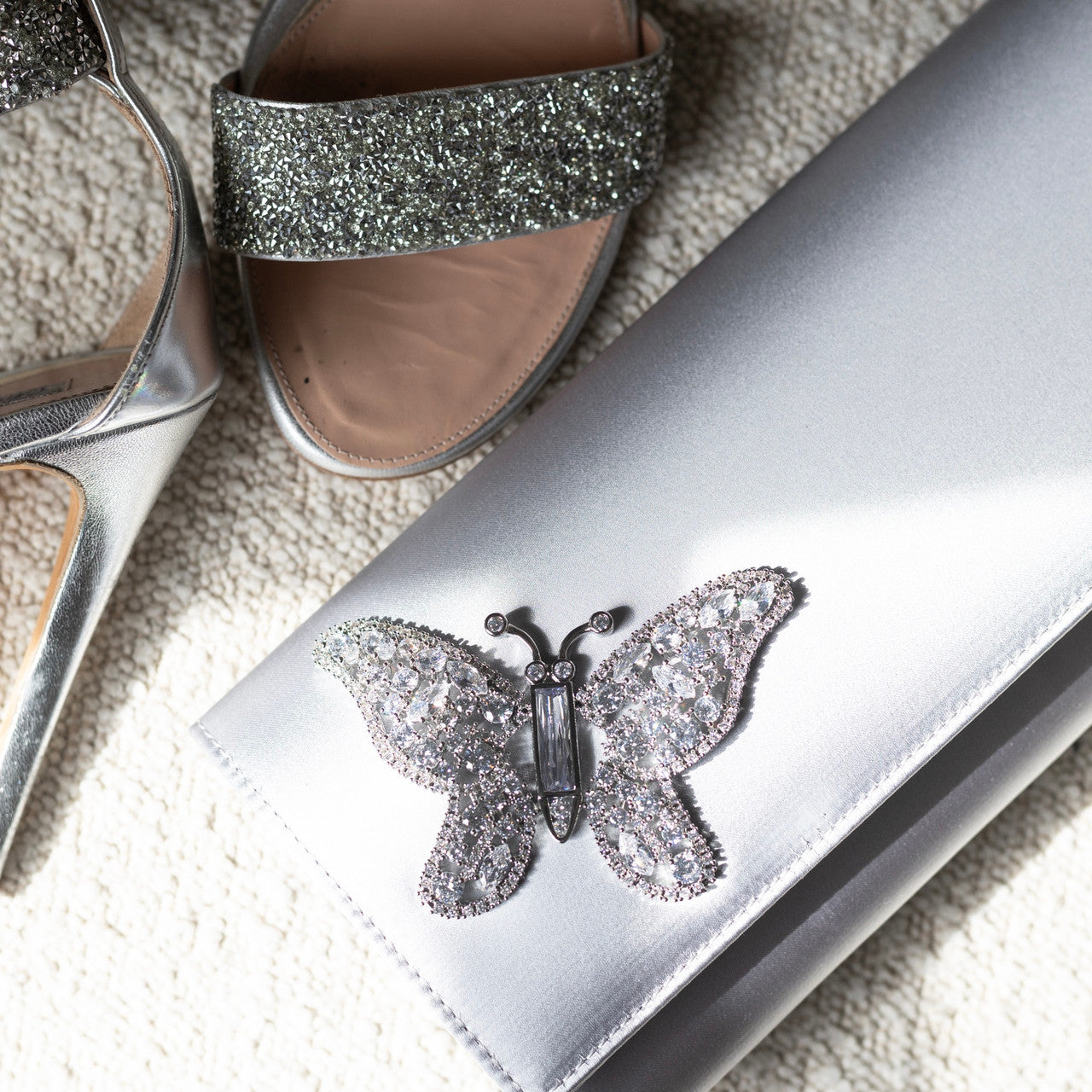 Silver Satin Butterfly Clutch Bag