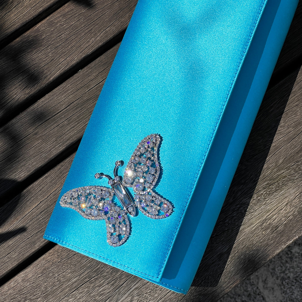 Azura Blue Satin Butterfly Clutch Bag