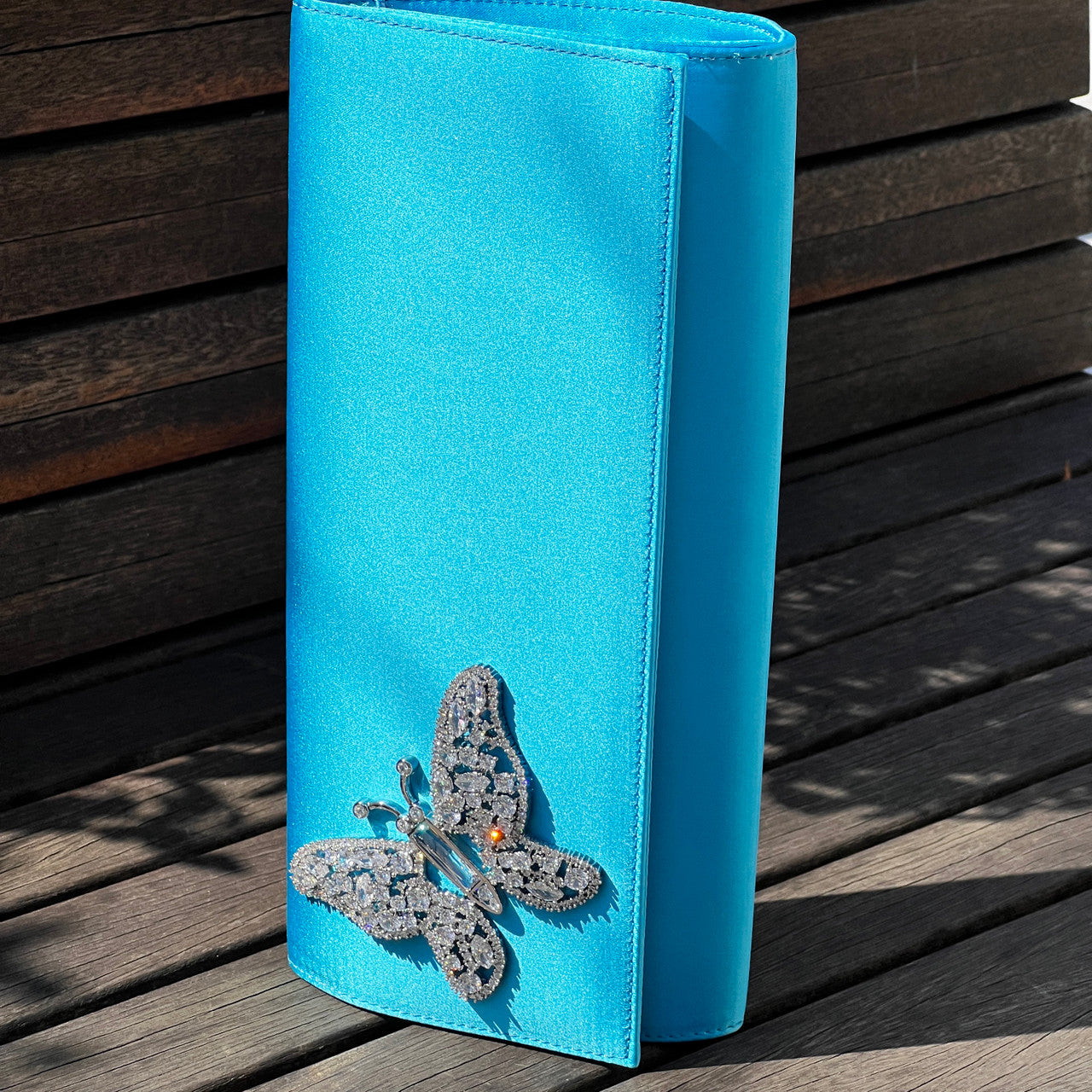 Azura Blue Satin Butterfly Clutch Bag