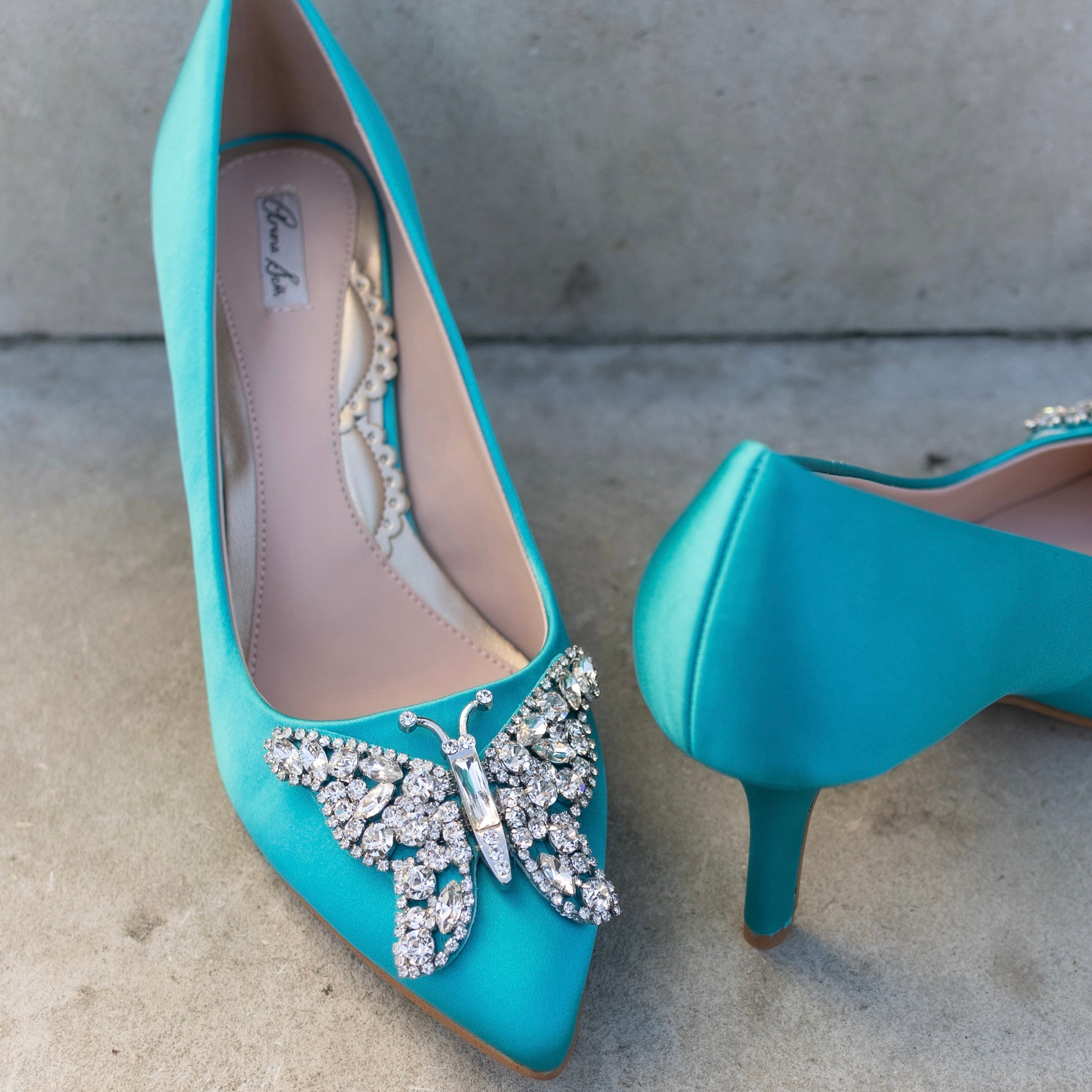 Emilia Butterfly Heels Turquoise Green Satin