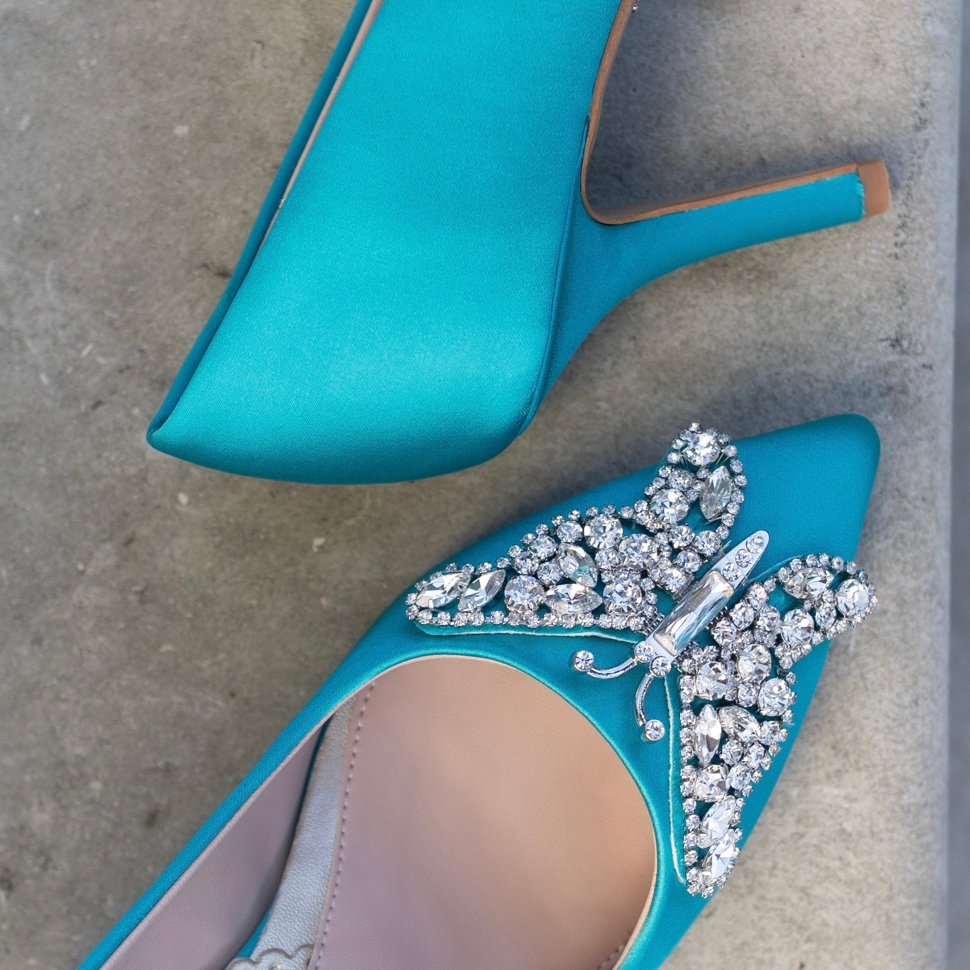 Emilia Butterfly Heels Turquoise Green Satin