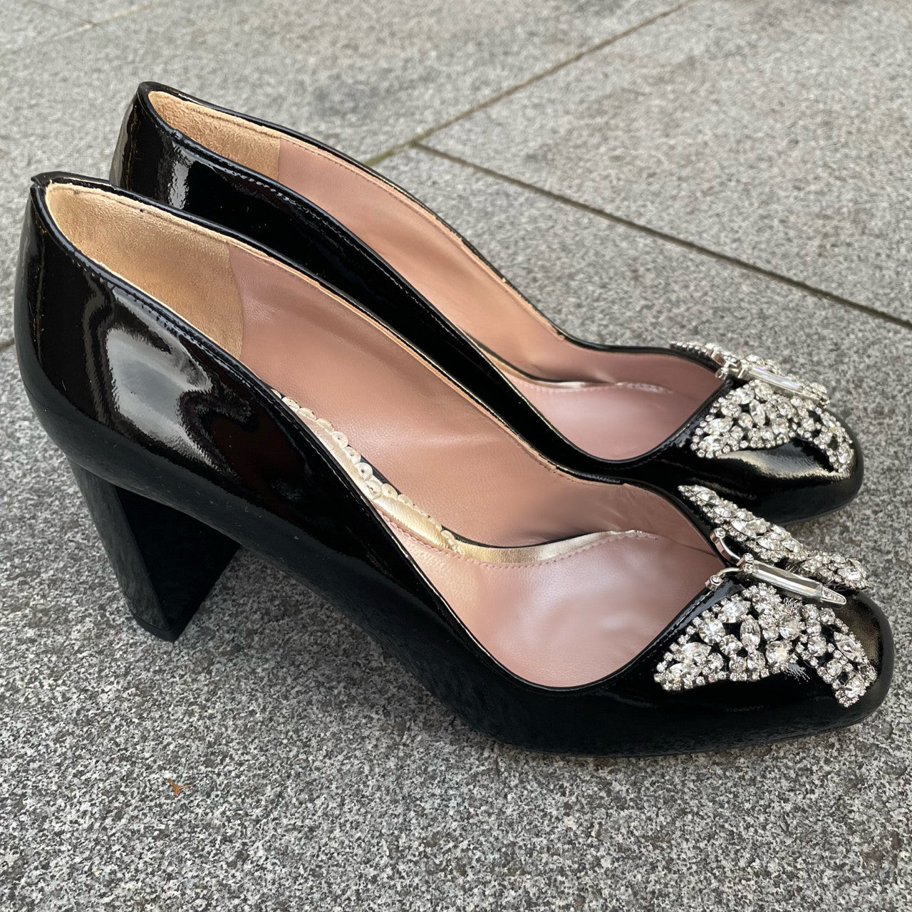 Annabel Butterfly Block Heels Black Patent Leather