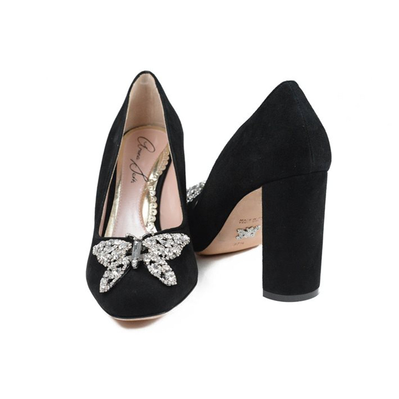 Annabel Butterfly Block Heels Black Suede