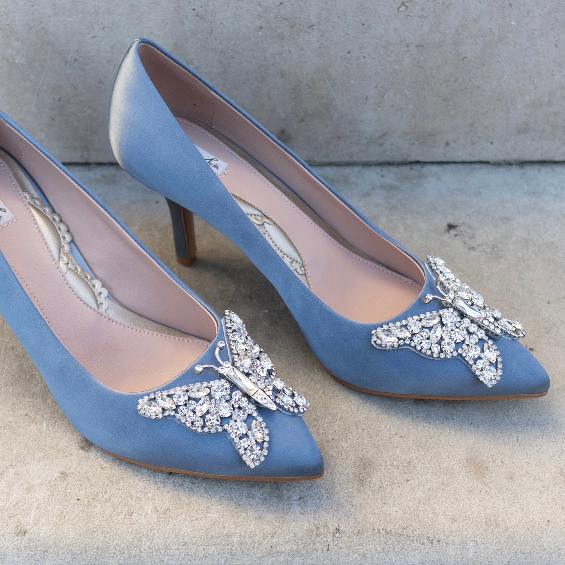 Emilia Butterfly Heel Moonlight Blue Grey Satin