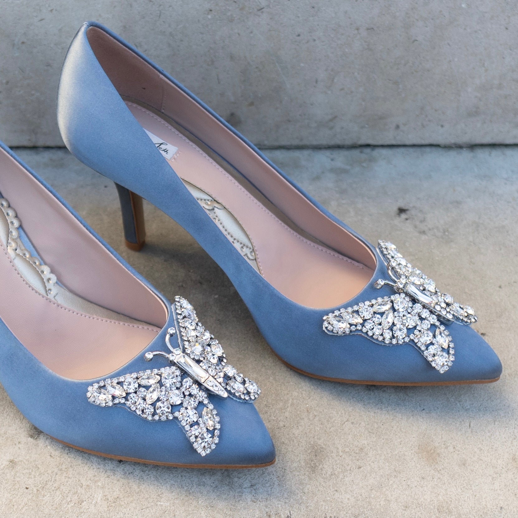 Emilia Butterfly Heel Moonlight Blue Grey Satin