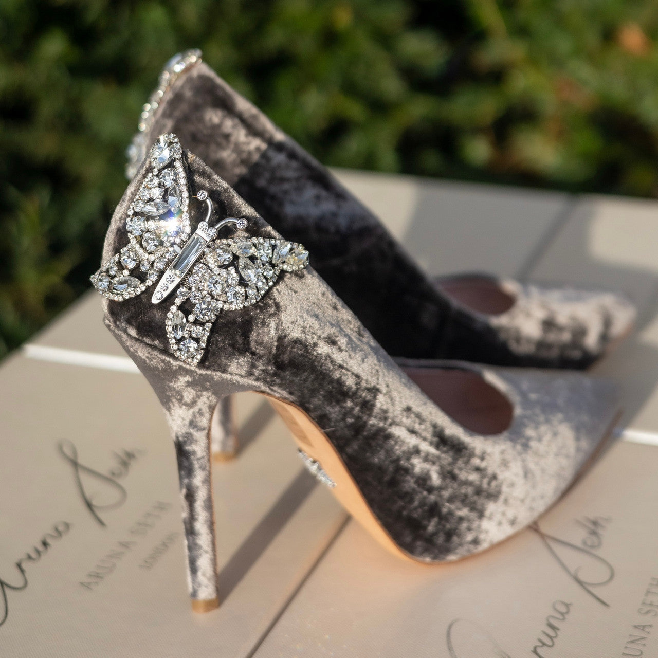 Ally Butterfly Heels Grey Velvet