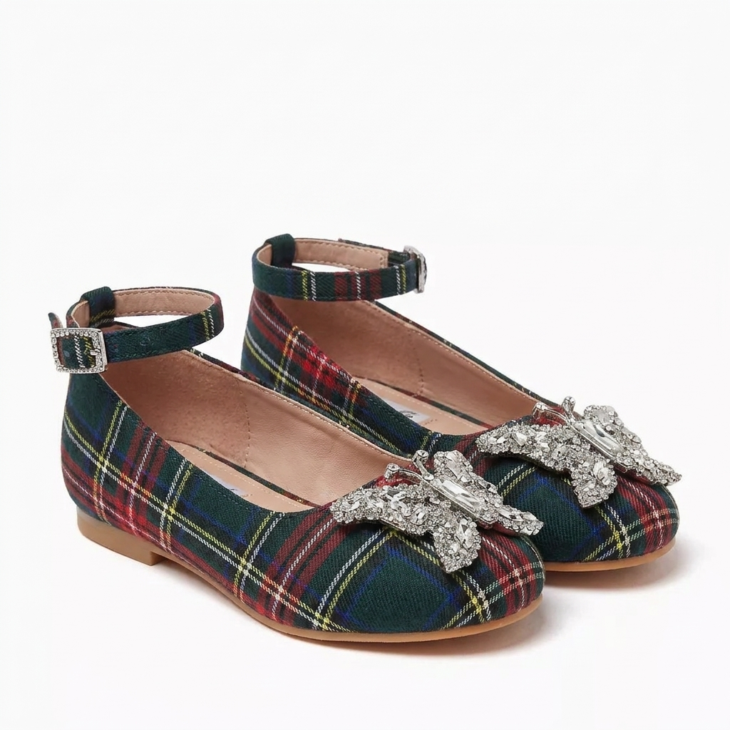 ANGELINA BUTTERFLY GIRLS SHOES GREEN TARTAN