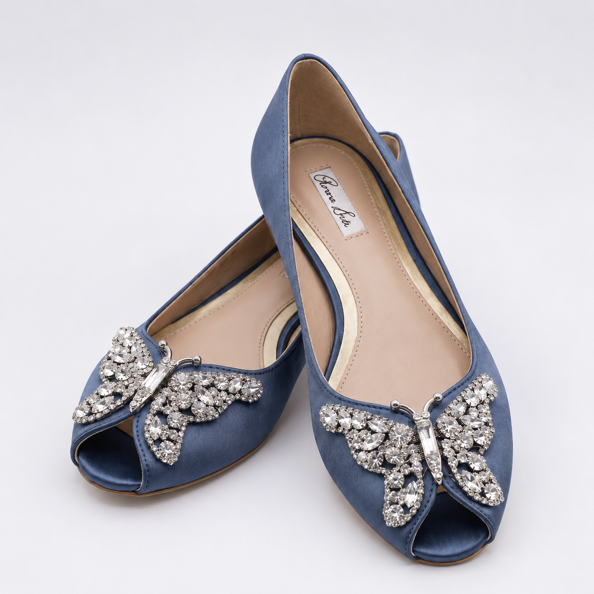 LIANA BUTTERFLY OPEN TOE FLATS BLUE GREY SATIN BALLERINAS