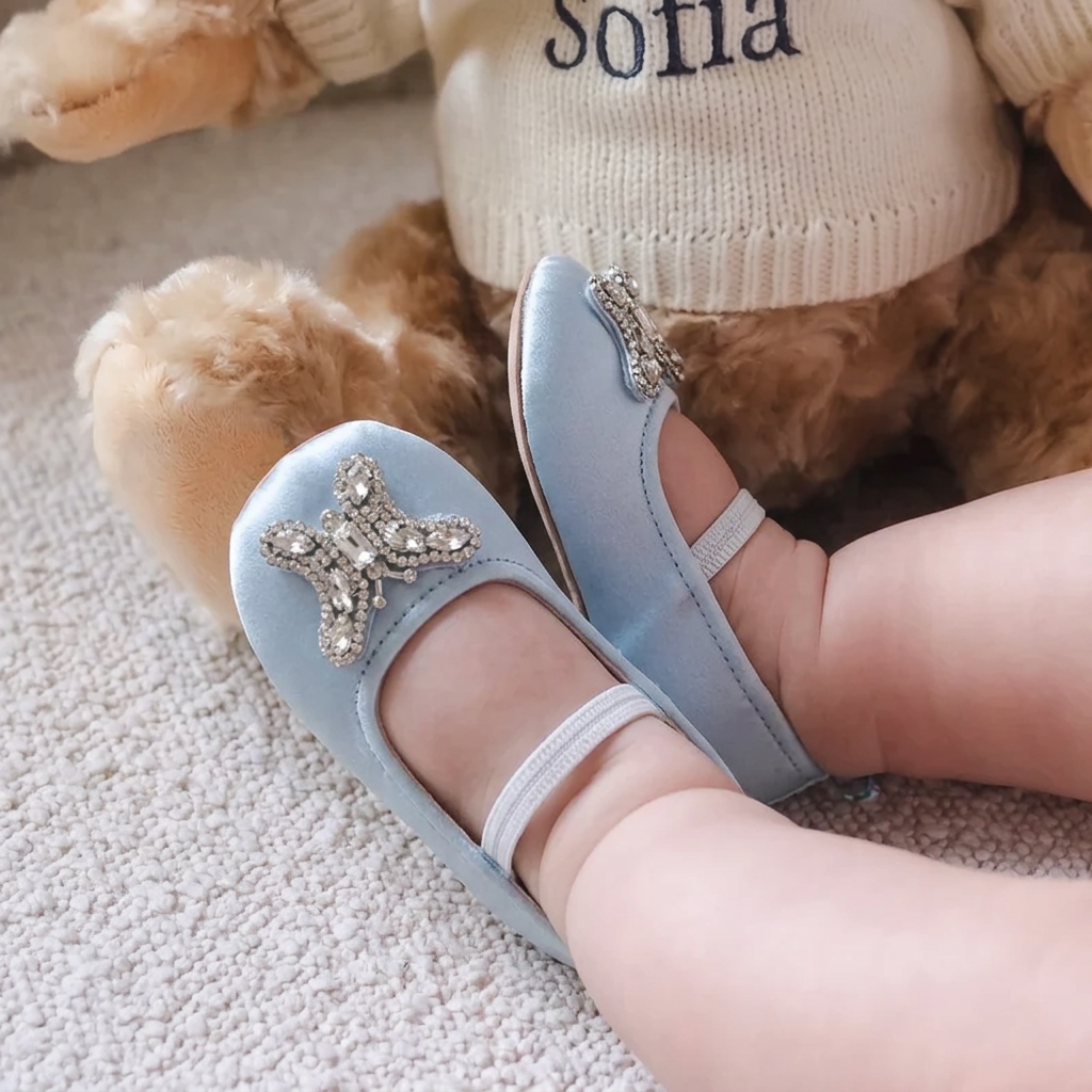 Odette Butterfly Baby Shoes | Powder Blue Satin