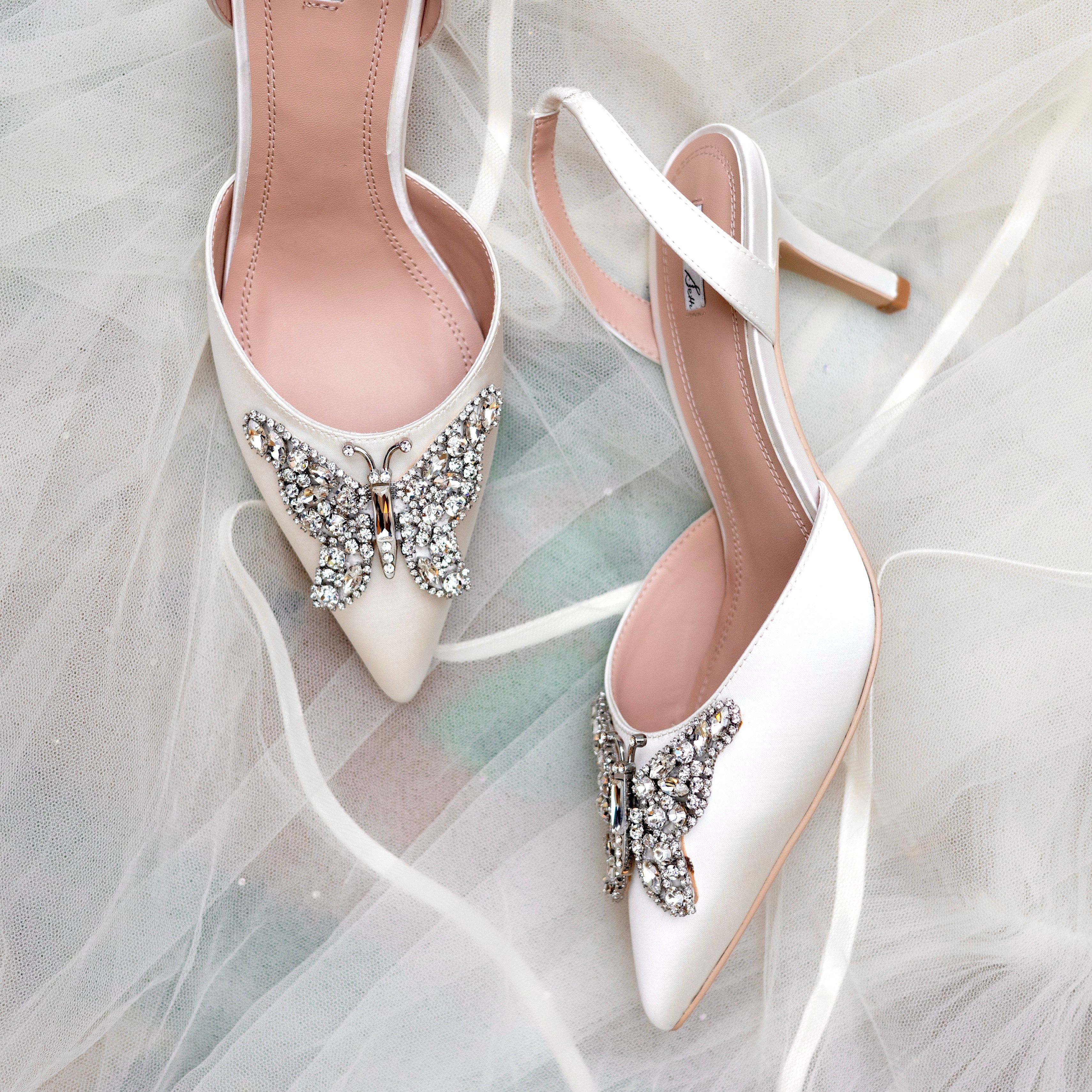 Love Butterfly Slingback Heels Ivory Satin
