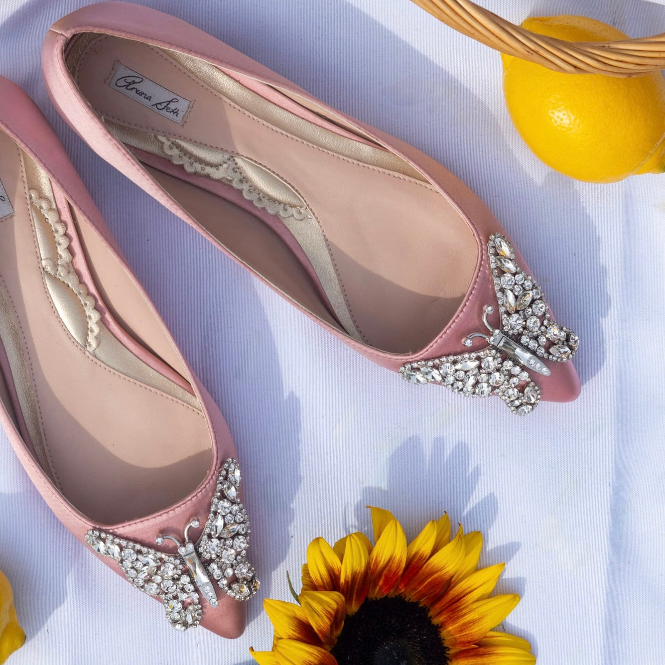 Eliana Butterfly Pointy Flats Blush Pink Satin
