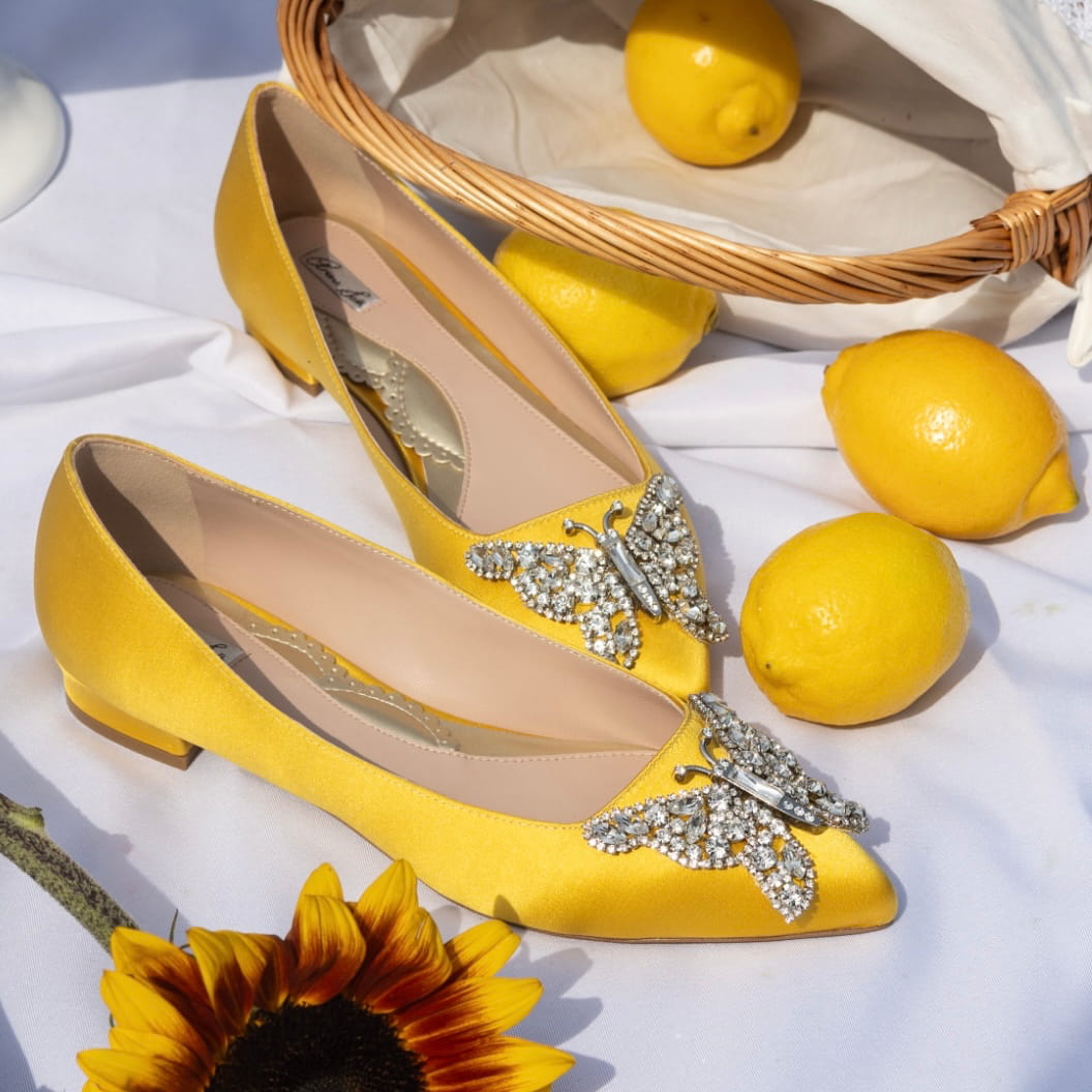 Eliana Butterfly Pointy Flats Yellow Satin