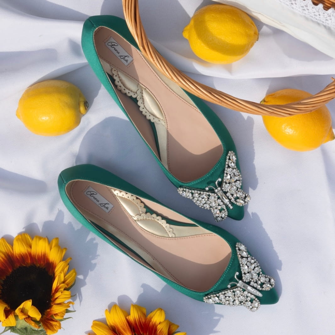Eliana Butterfly Pointy Flats Green Satin