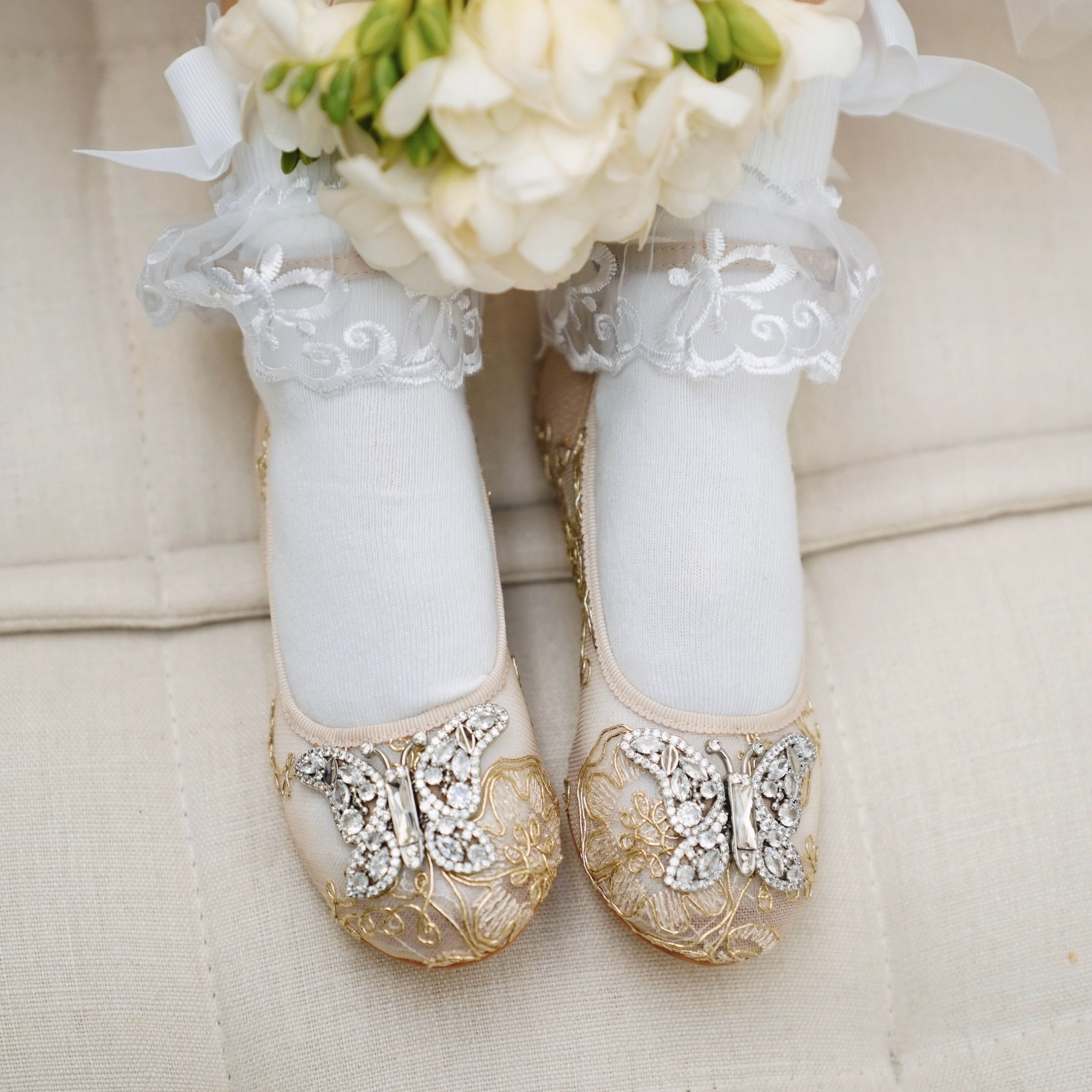 Angelina Butterfly Girls Shoes Gold Chantilly Lace