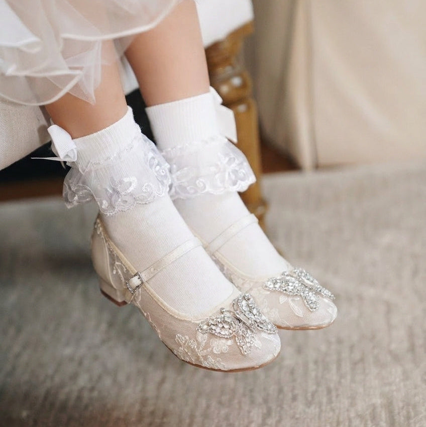 Lulu Butterfly Girls Mary Jane Heels Ivory Lace