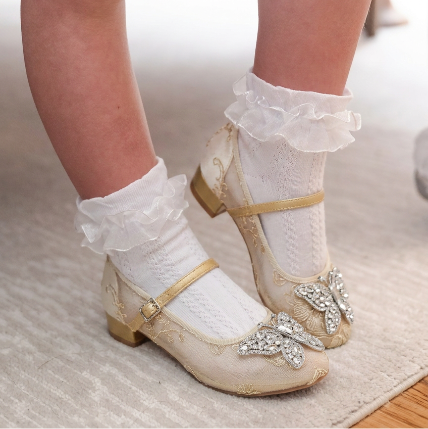 LULU BUTTERFLY GIRLS MARY JANE HEELS Gold LACE