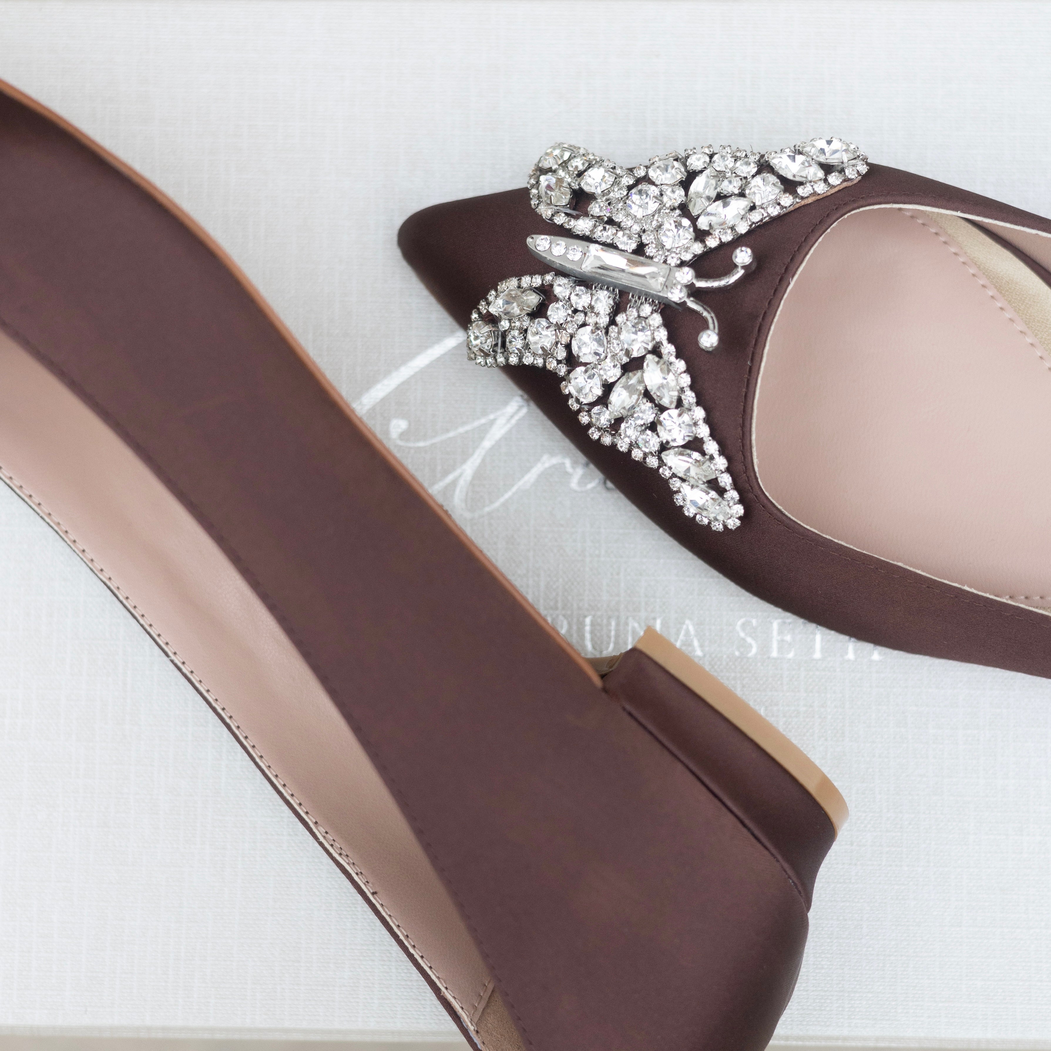 Eliana Butterfly Pointy Flats Chocolate Brown Satin