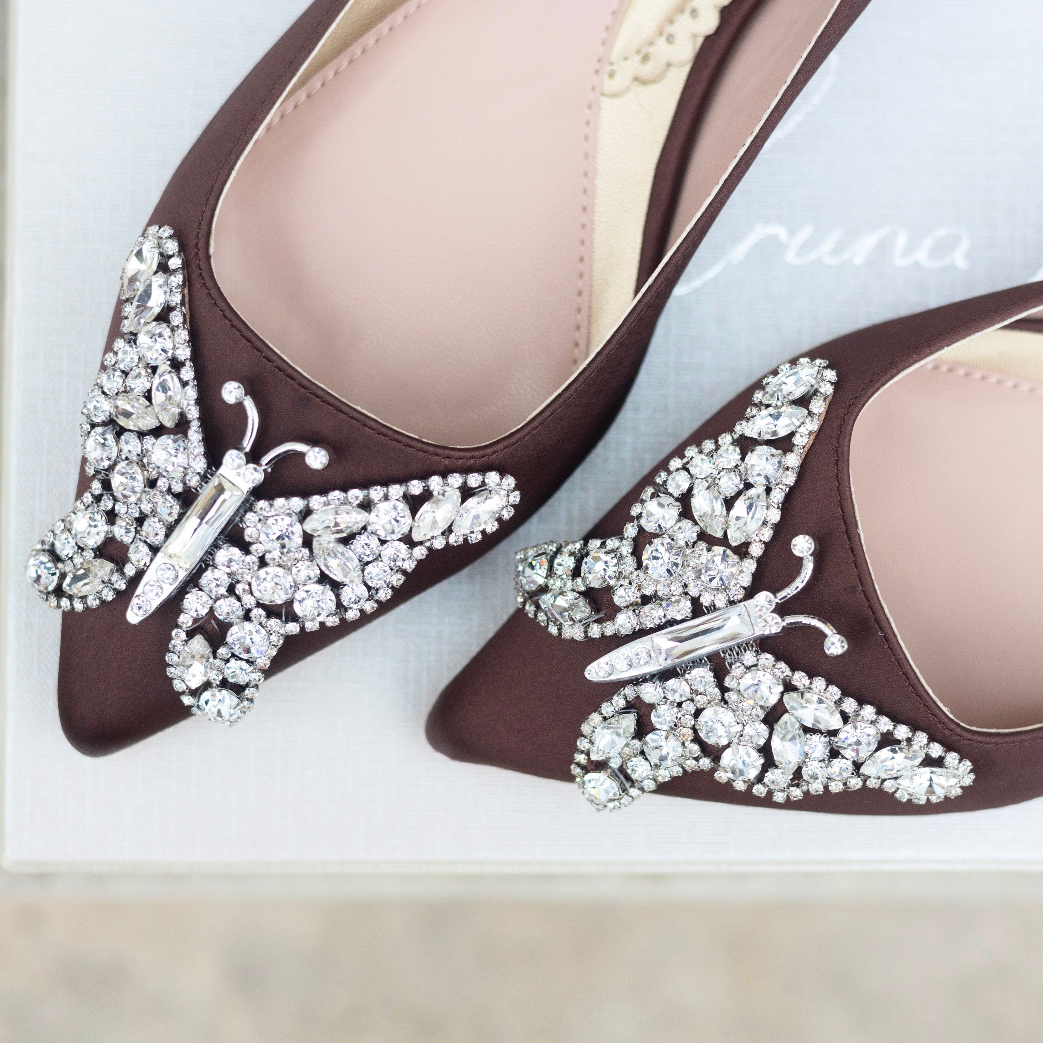 Eliana Butterfly Pointy Flats Chocolate Brown Satin
