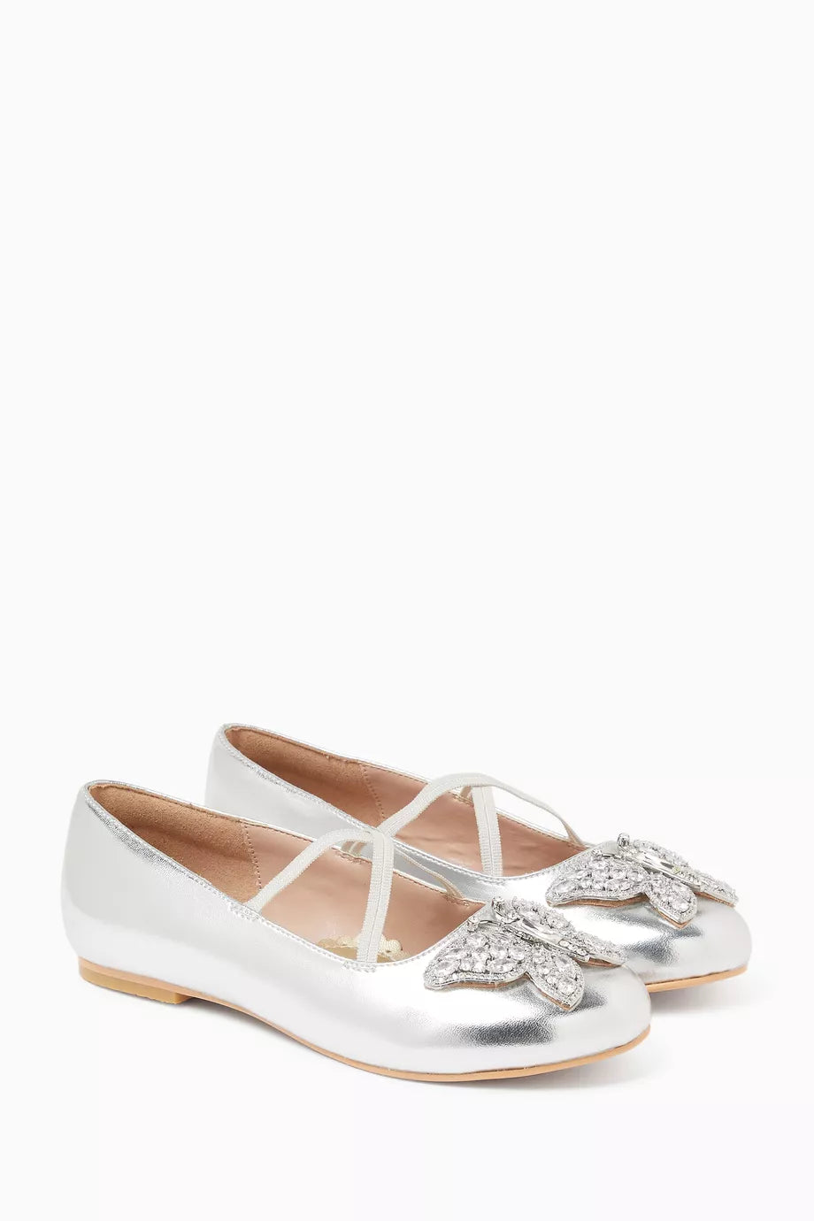 Mila Butterfly Girls Silver Metallic Leather Ballerinas