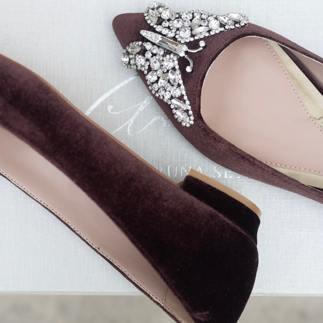 Eliana Butterfly Pointy Flats Chocolate Brown Velvet