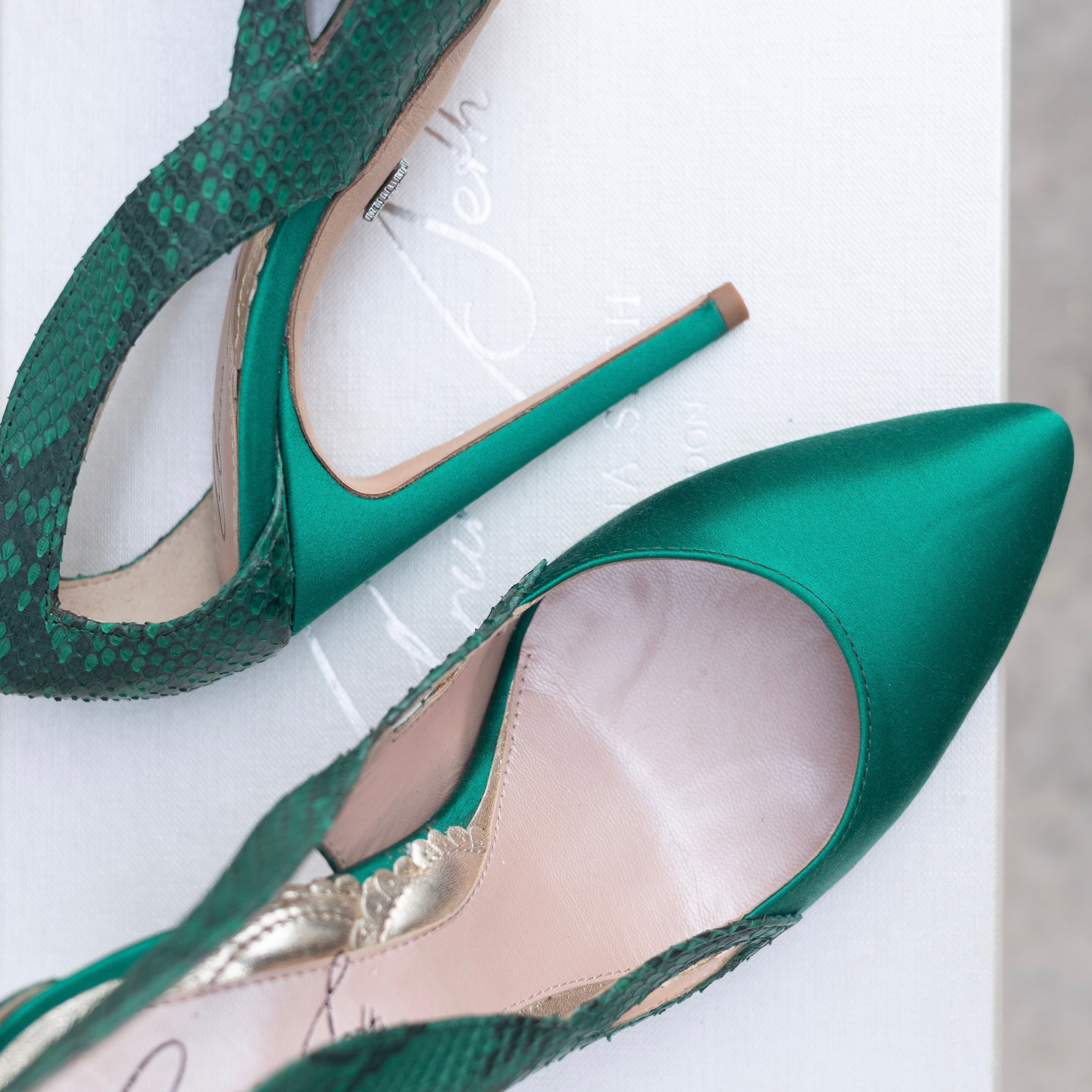 Cosmo Green Satin And Printed Snake Heels