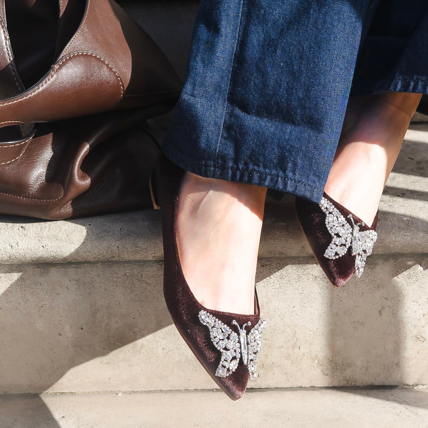 Eliana Butterfly Pointy Flats Chocolate Brown Velvet