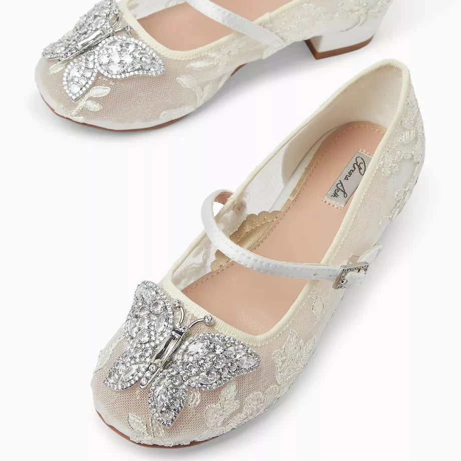 Lulu Butterfly Girls Mary Jane Heels Ivory Lace