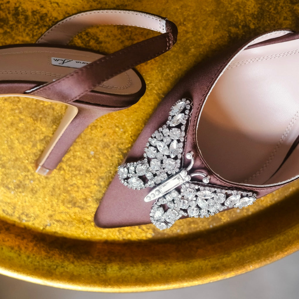 LOVE BUTTERFLY SLINGBACK Chocolate Brown Satin HEELS