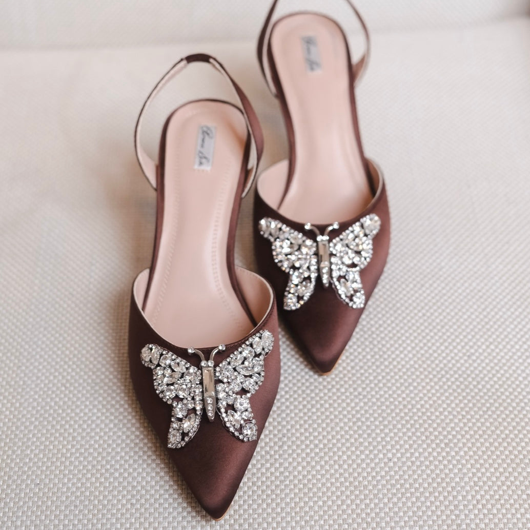 LOVE BUTTERFLY SLINGBACK Chocolate Brown Satin HEELS