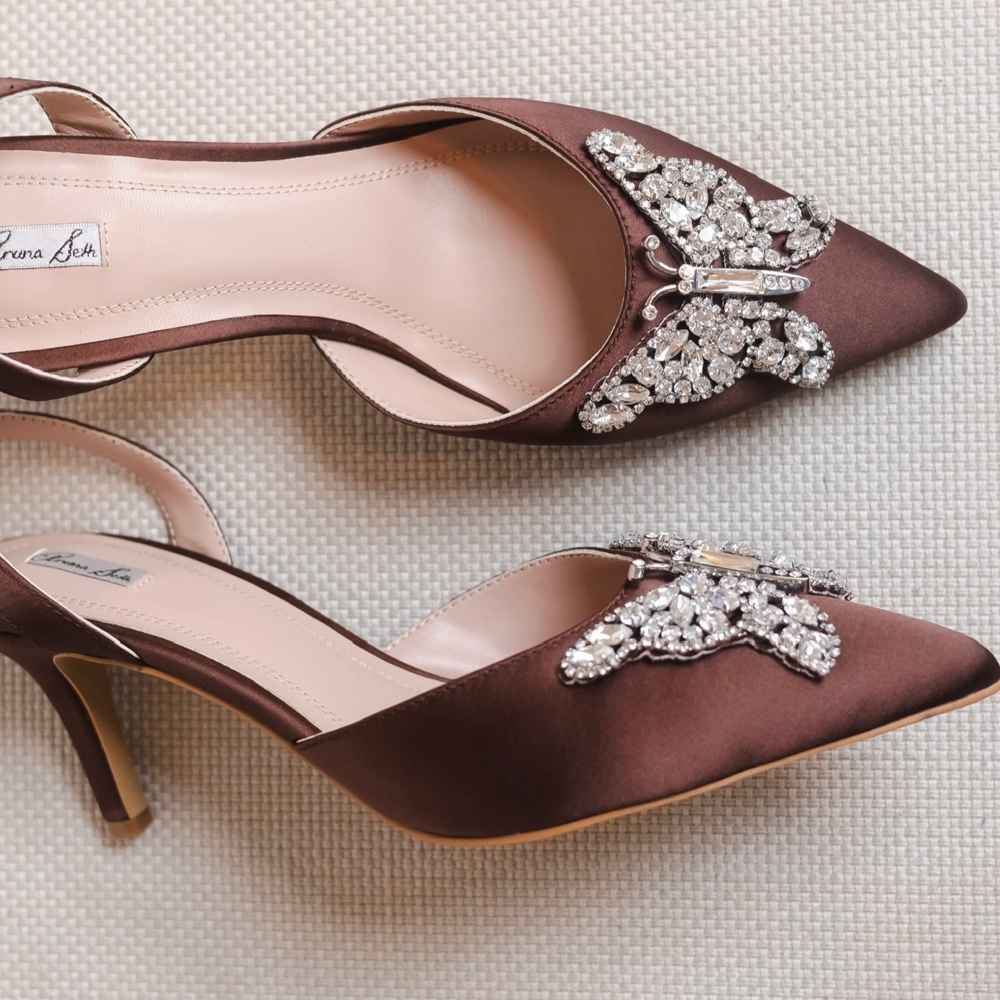 LOVE BUTTERFLY SLINGBACK Chocolate Brown Satin HEELS
