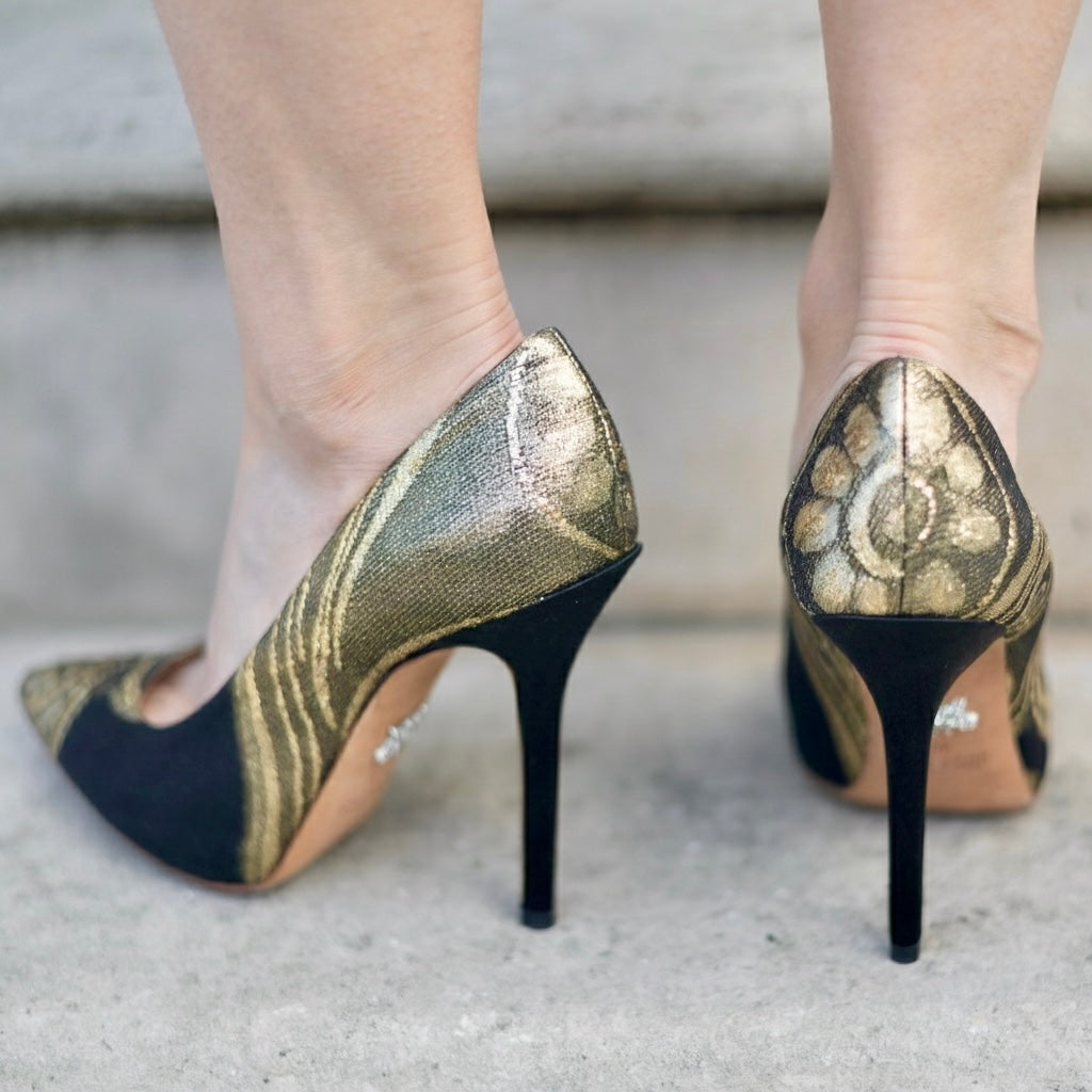 Farfalla Gold & Black Printed Satin Heels