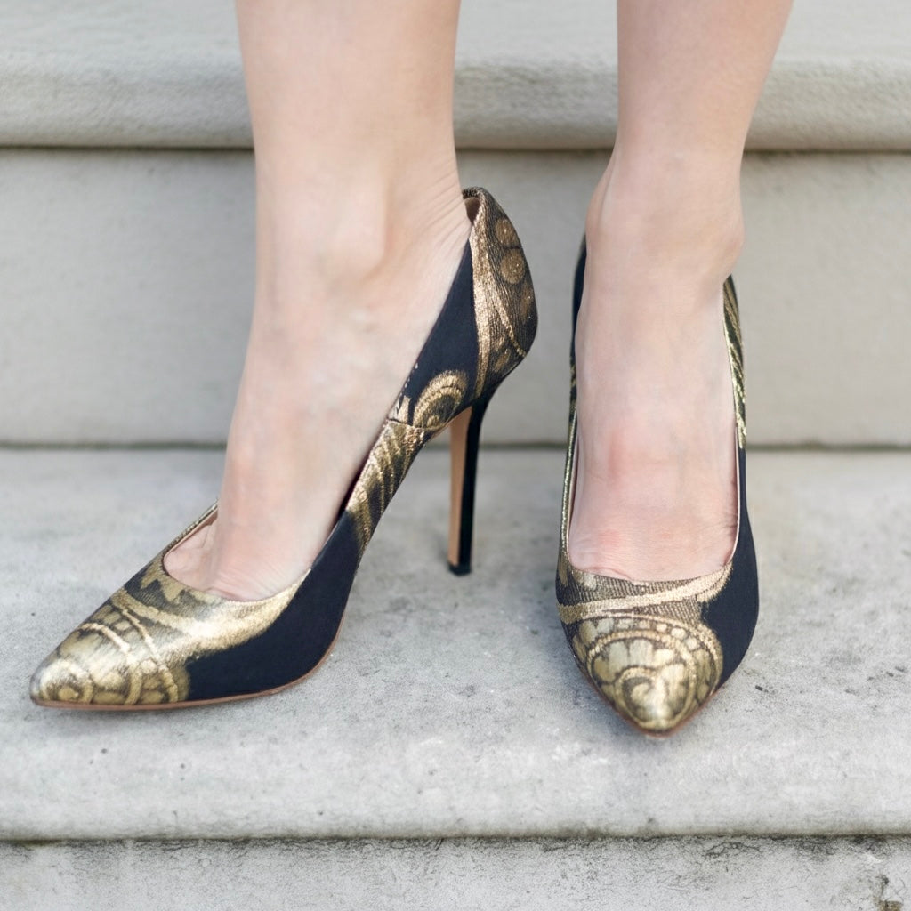 Farfalla Gold & Black Printed Satin Heels